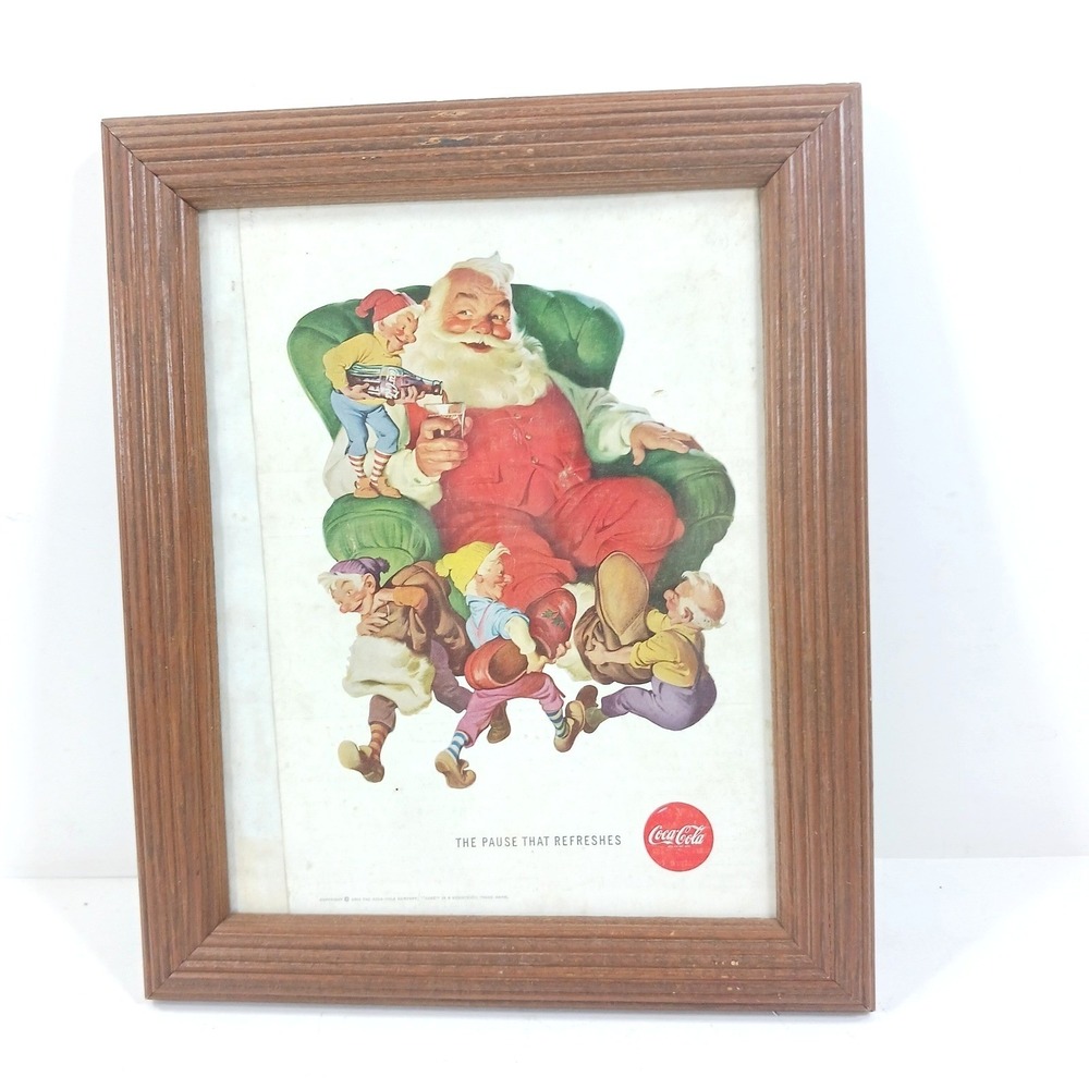 Vintage 1960 Coca-Cola Santa Claus Print Framed The Pause That Refreshes Elves